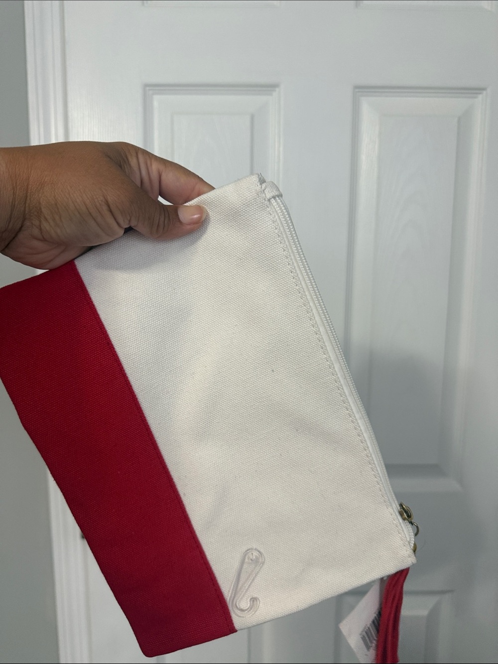 White & Red Canvas Zip Pouch - Minimal Cosmetic Case